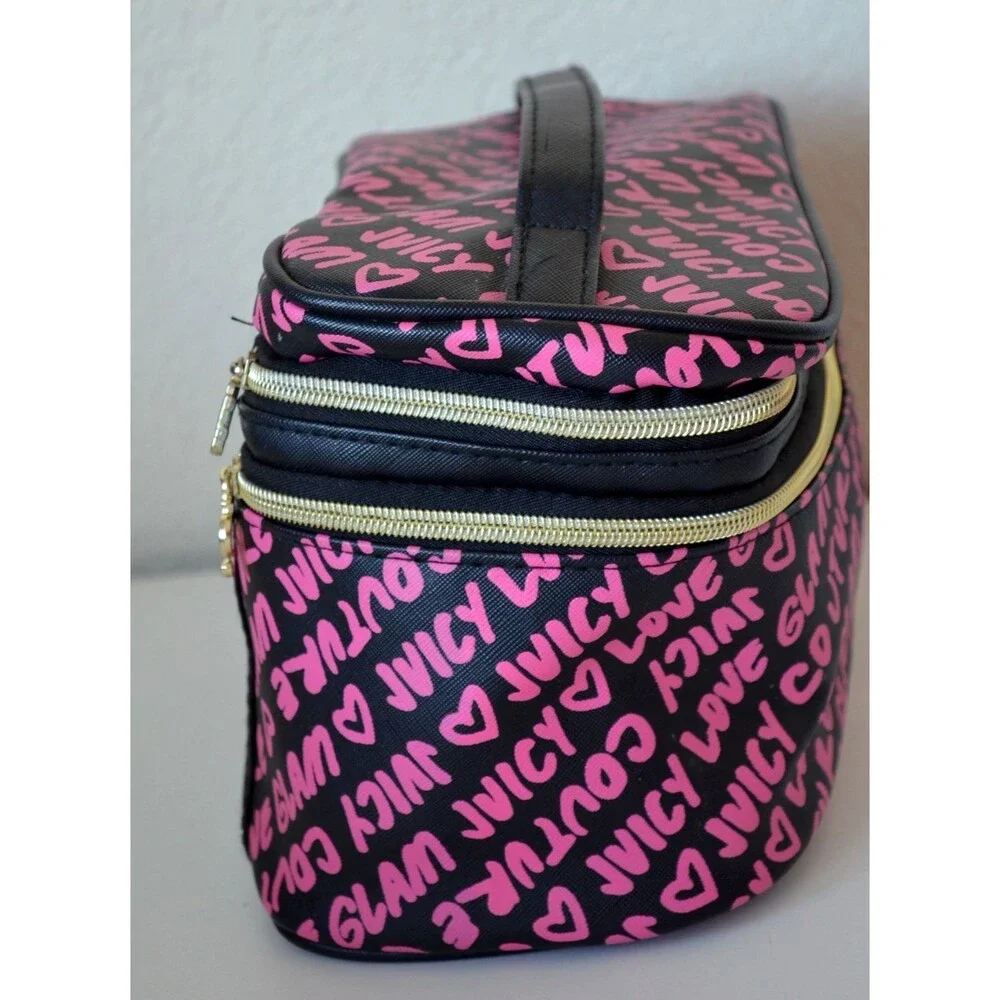 Juicy Couture Pink Black Cosmetic Makeup Bag Train Case 2 Zipper Compartments